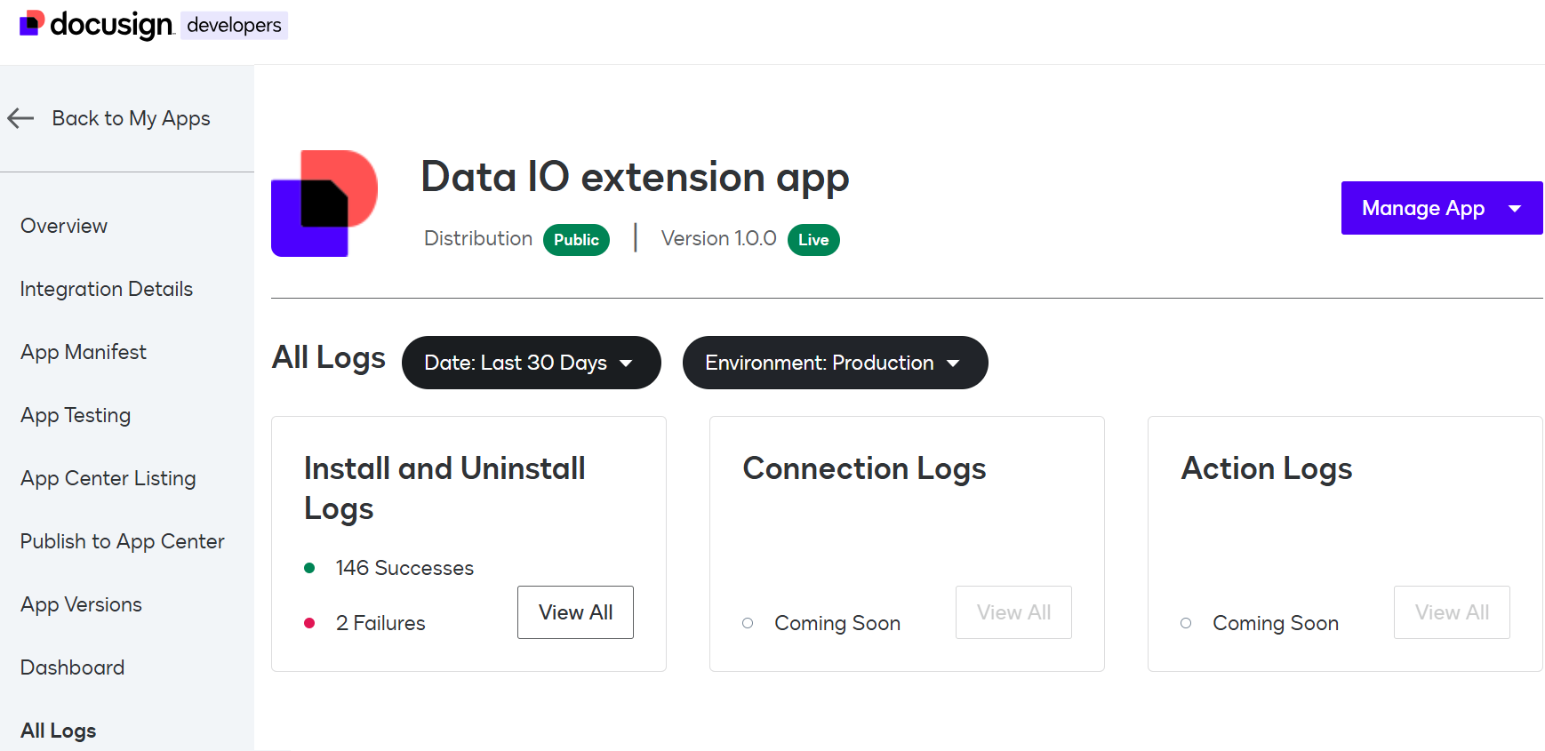 Review extension app logs | Docusign