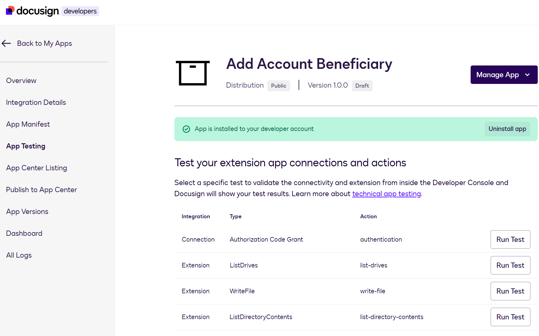 Test Docusign Extension app integration tests | Docusign