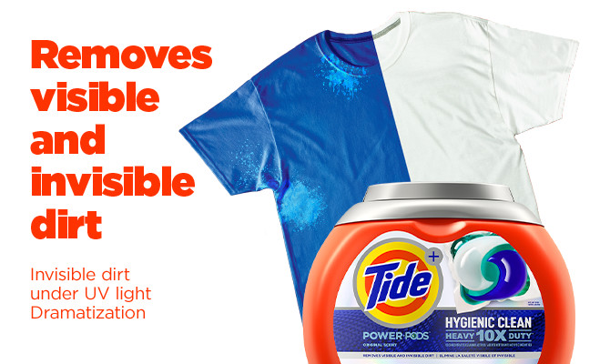 Tide Hygienic Clean Heavy Duty 10x Power PODS removes visible and invisible dirt - invisible dirt under UV light dramatization