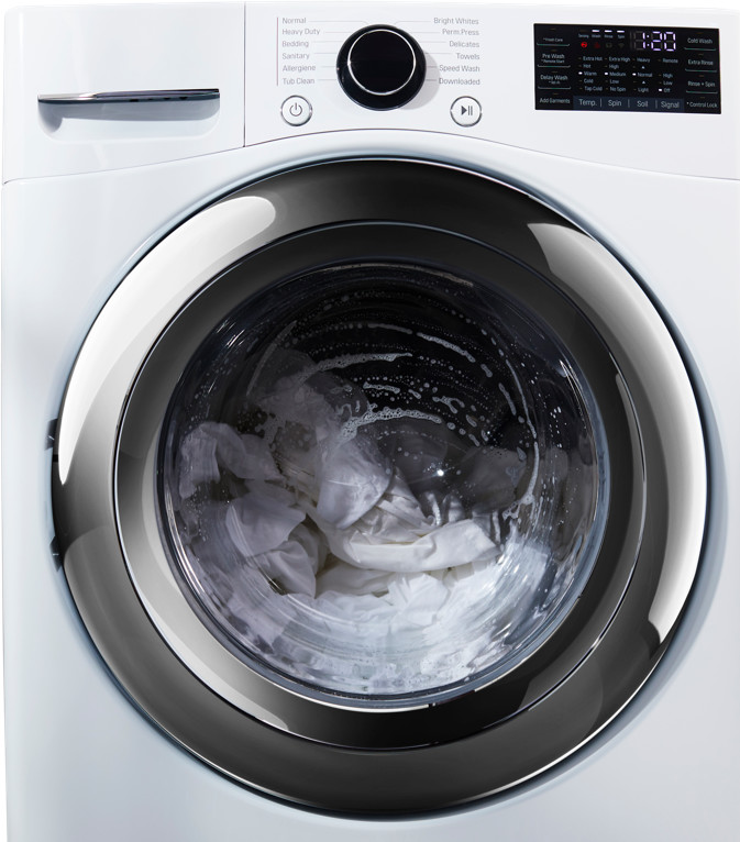 The front face of a front-loading washing machine at work, full of white garments getting cleaned