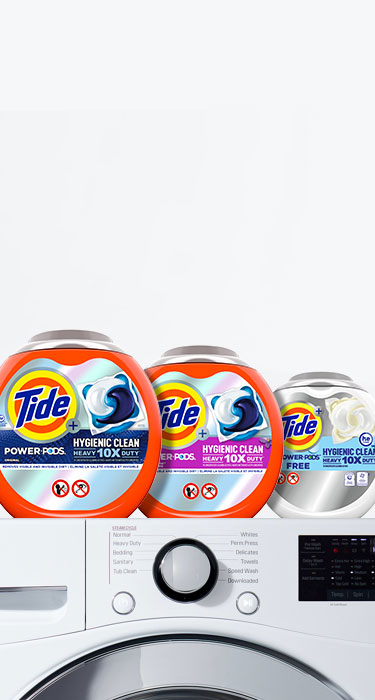 A range of Tide PODS products on top of a white washing machine