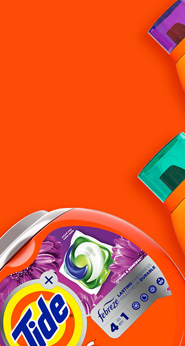 Tide PODS® Plus Febreze™ 4in1 Spring and Renewal Laundry Detergent in front of an orange background