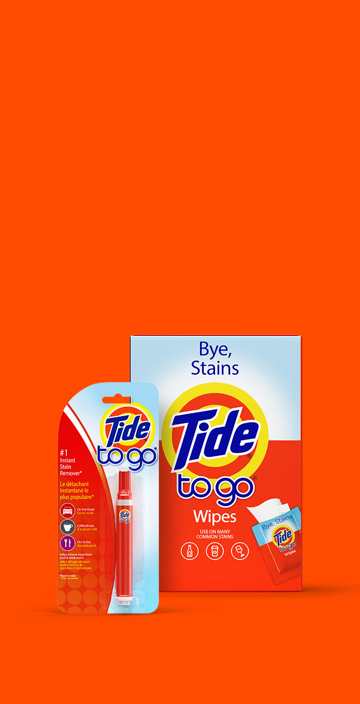 Tide to Go Pen and Tide to Go Wipes shown next to each other