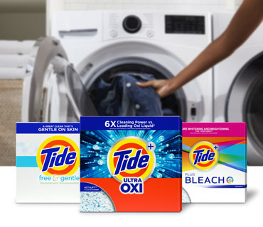 Three different types of Tide powder detergents shown next to each other