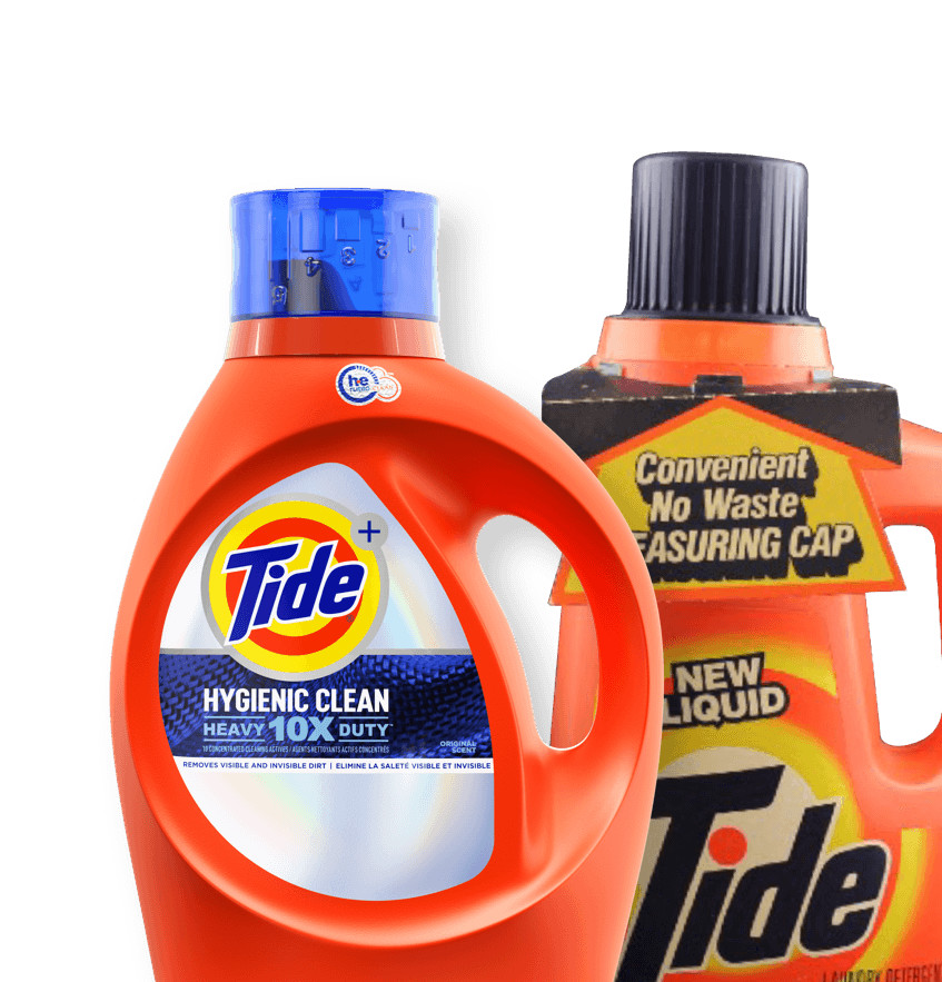 An old and a new Tide product shown next to each other signaling Tide's 75th anniversary