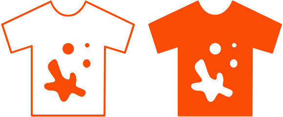 A pictogram of a white T-shirt with an orange spot and an orange T-shirt with a white spot