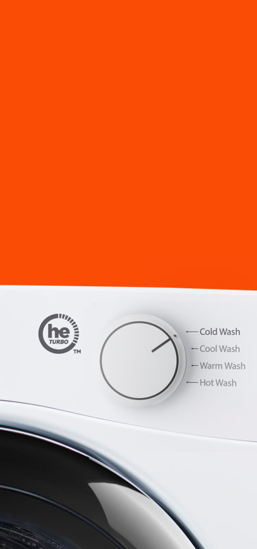 A white HE washing machine, set to the coldest temperature setting
