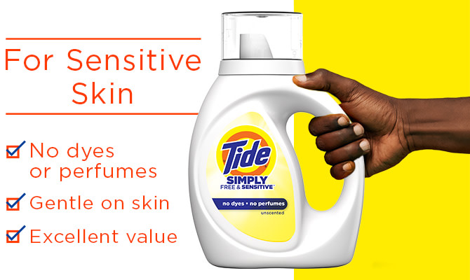 Tide Simply Free & Sensitive Liquid Laundry Detergent - for sensitive skin: no dyes or perfumes, dirt out, low price.