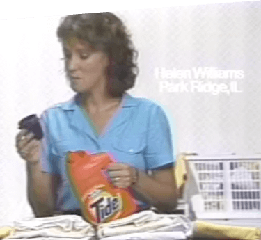 A young woman measuring Tide liquid laundry detergent in 1984