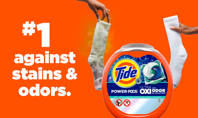 Tide Ultra OXI Power PODS® with Odor Eliminators and a dirty and a clean sock showing how effective it is