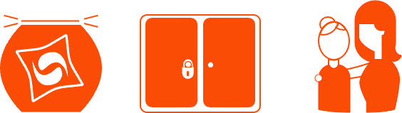 A pictogram of a box of Tide PODS, a locked cabinet, and a mother and her child, showing that Tide PODS need to be kept out of the reach of children
