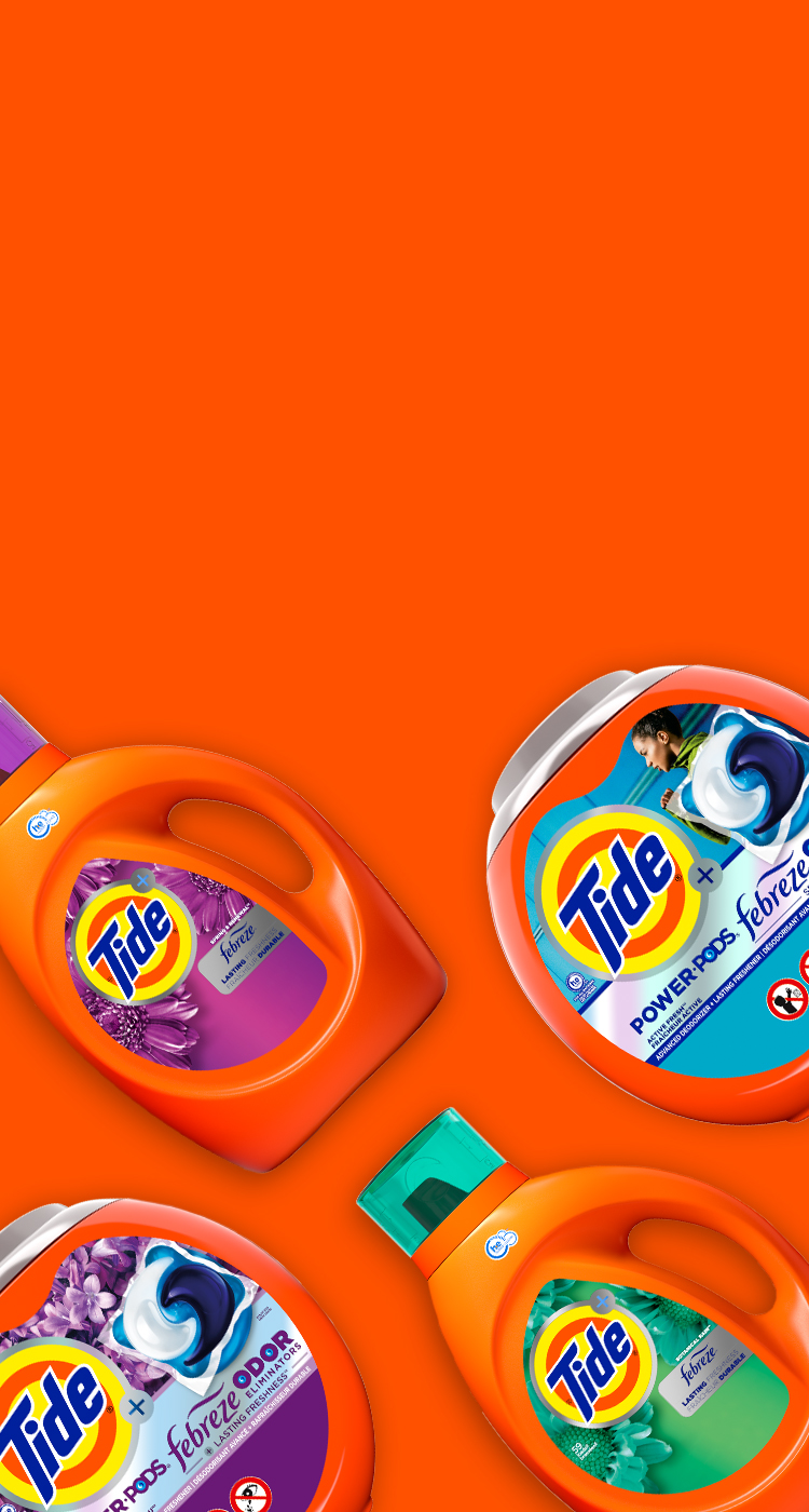 Tide PODS® Plus Febreze™ 4in1 Spring and Renewal Laundry Detergent in front of an orange background