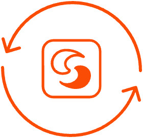 A pictogram of a Tide PODS capsule with two arrows surrounding it in a circle, indicating recycling