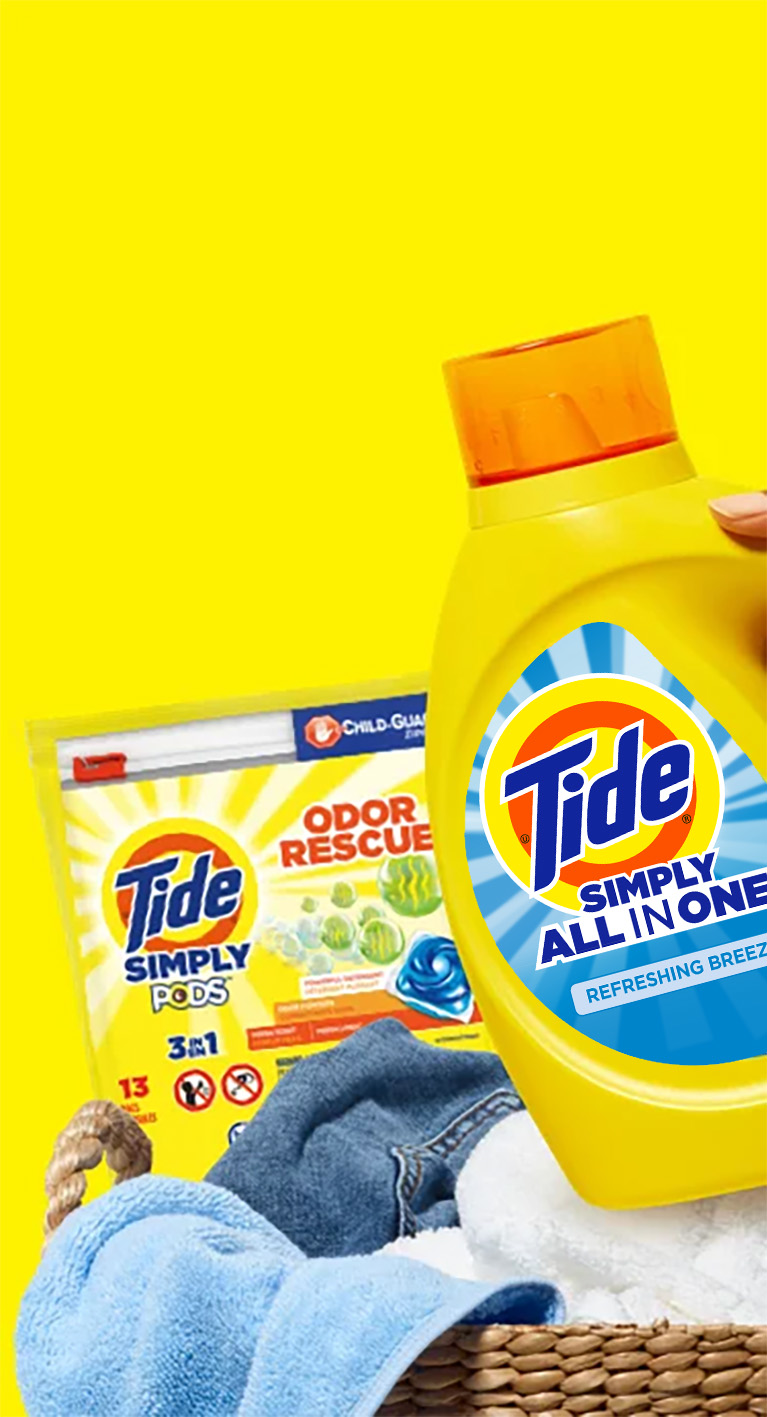 Tide Simply laundry detergent products are available as laundry pacs or liquid.