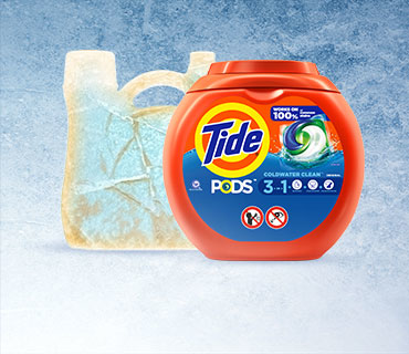 A box of Tide PODS capsules in front of an old, dirty, and see-through bottle of liquid laundry detergent