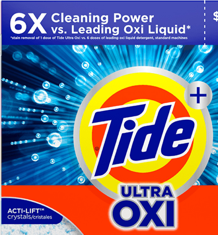 A label of Tide + Ultra OXI laundry detergent