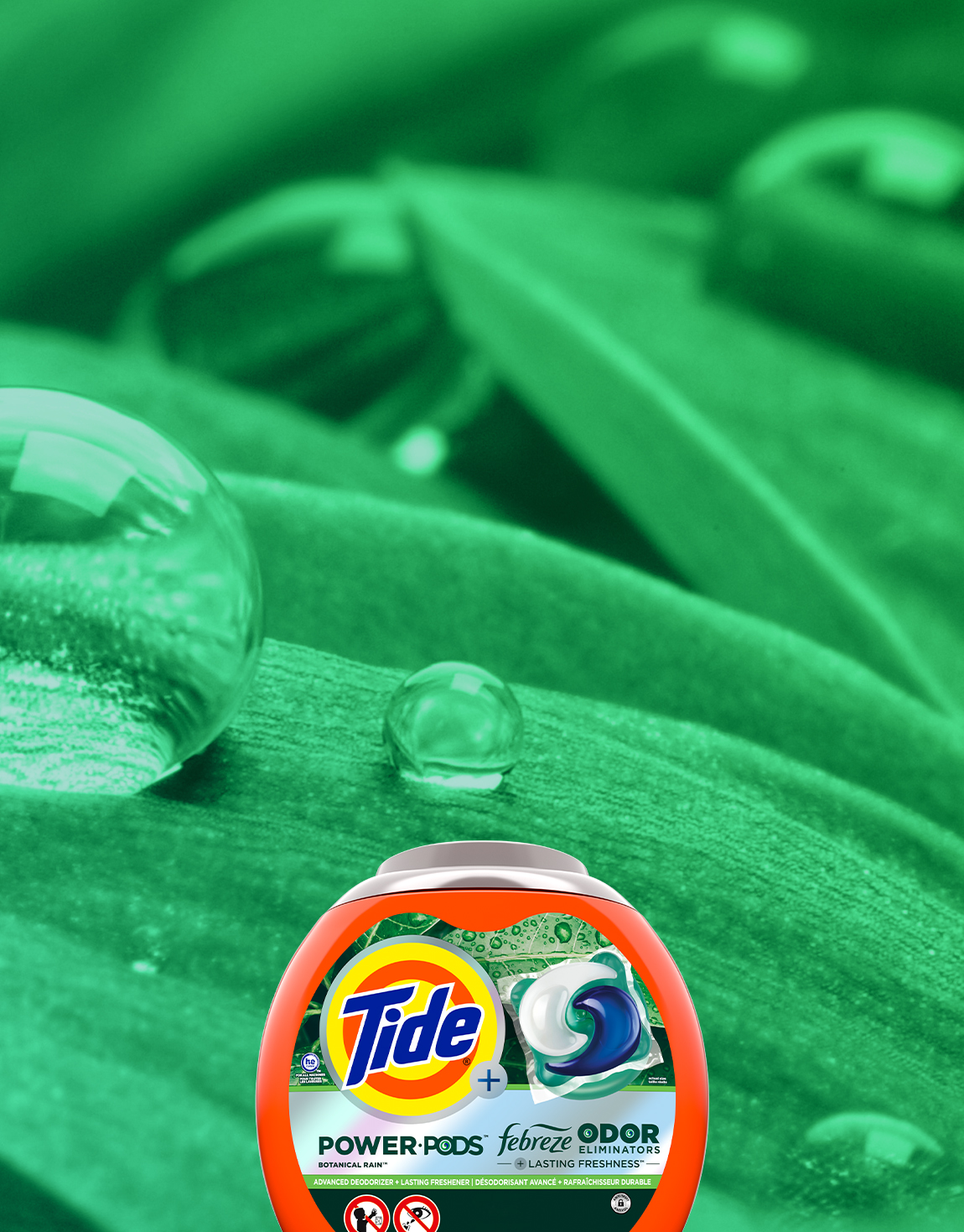 Tide PODS® Plus Febreze™ 4in1 laundry detergent in front of a green background