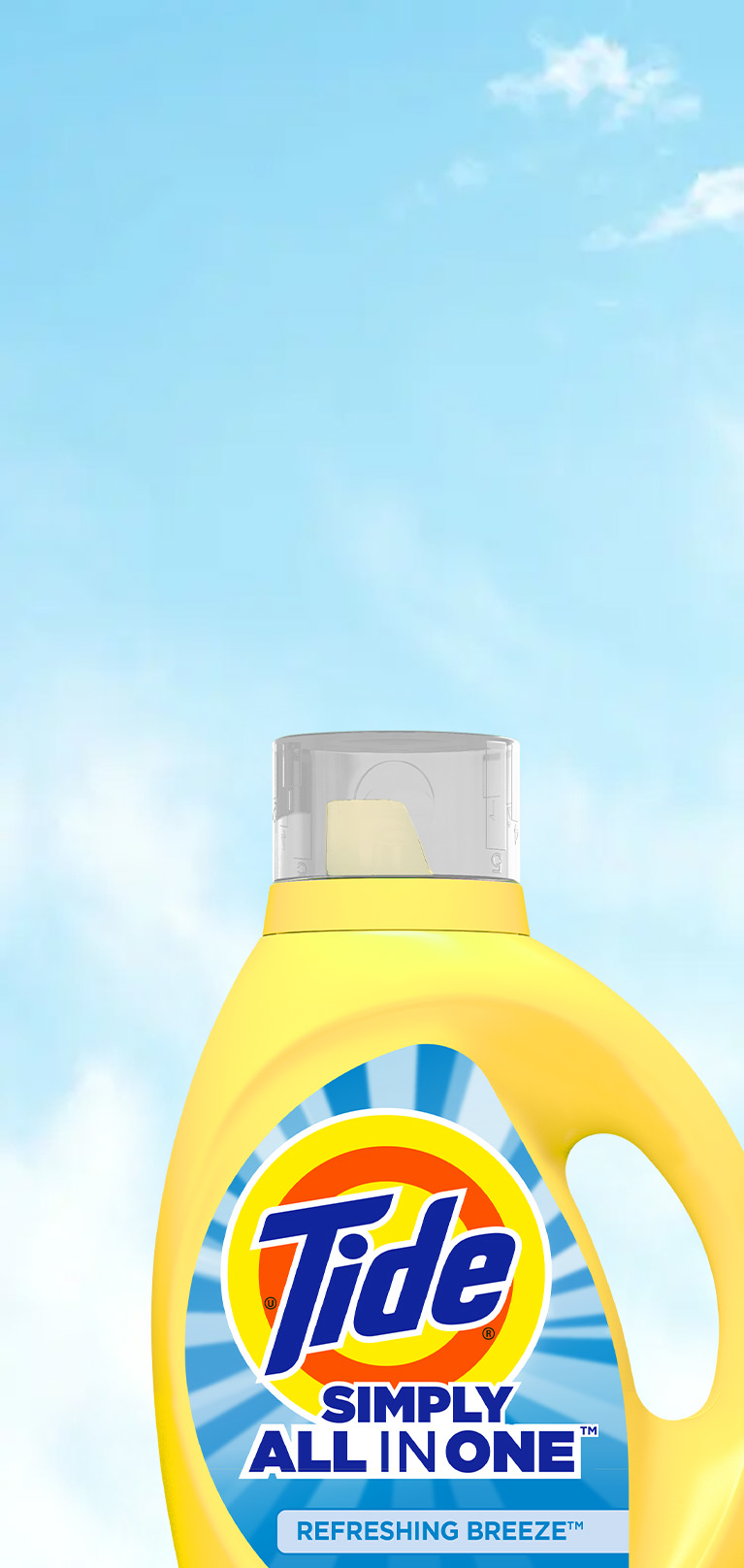 A bottle of Tide Simply Clean and Fresh Liquid Laundry Detergent Refreshing Breeze in front of a clear sky background