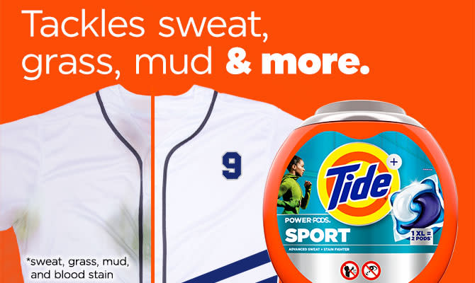 Tackles sweat, grass, mud & more.