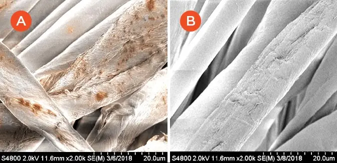 Magnified image of fabrics washed by Tide Free & Gentle detergent and other detergents. Other detergents are unable to remove as much soil.