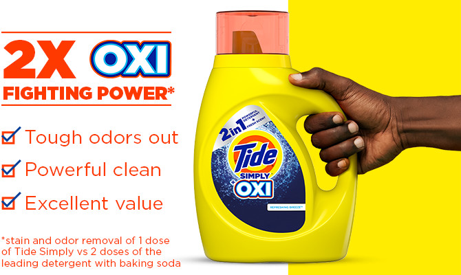 Tide Simply OXI Liquid Laundry Detergent with twice the Oxi fighting power* fights stains and odors and is available at a low price. *Stain removal of 1 dose vs. 2 doses of the leading detergent with baking soda and Oxi.
