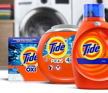 Tide washing powder, Tide liquid laundry detergent and Tide PODS® shown next to each other