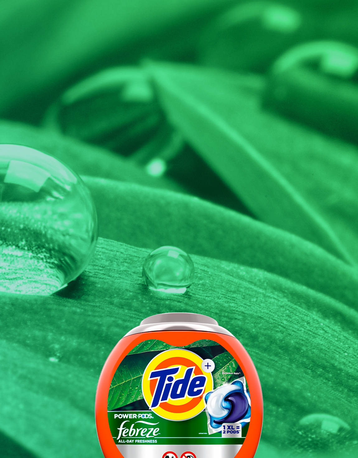 Tide PODS® Plus Febreze™ 4in1 laundry detergent in front of a green background