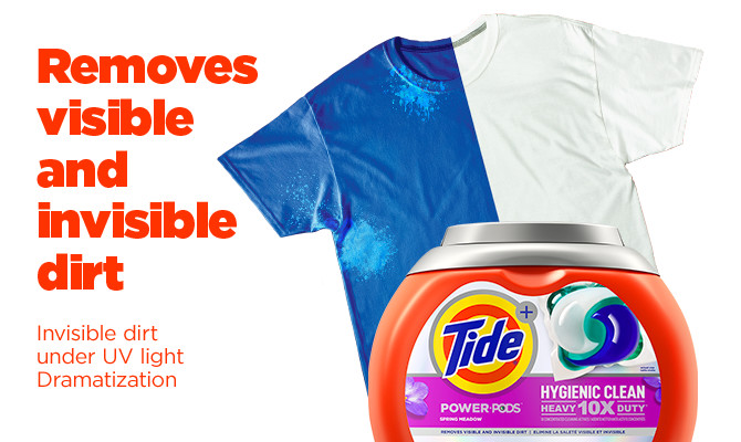 Tide Hygienic Clean Heavy Duty 10x Power PODS removes visible and invisible dirt - invisible dirt under UV light dramatization