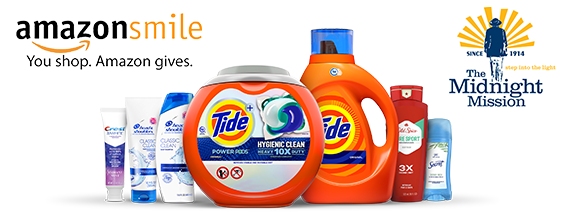 P&G products with Tide detergents in the middle and the Amazon Smile logo