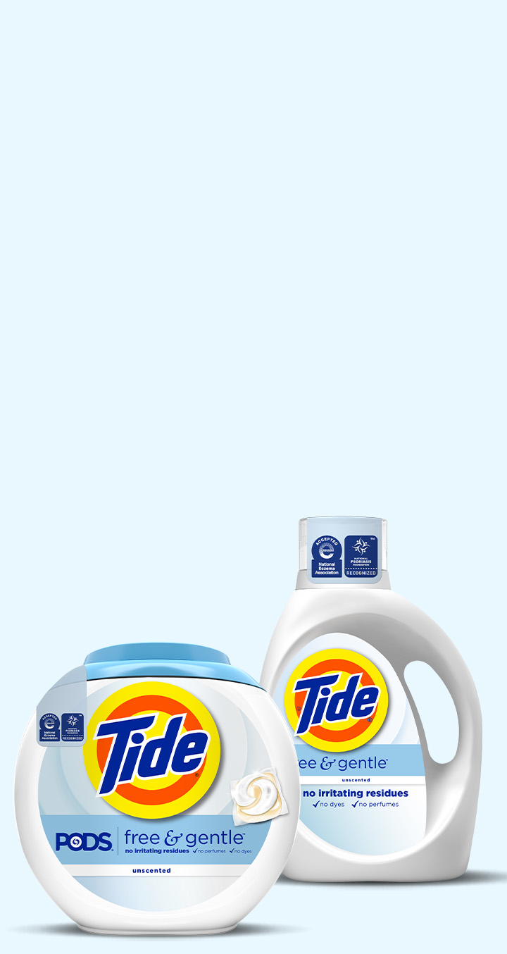 A range of Tide Free & Gentle products in front of a white background