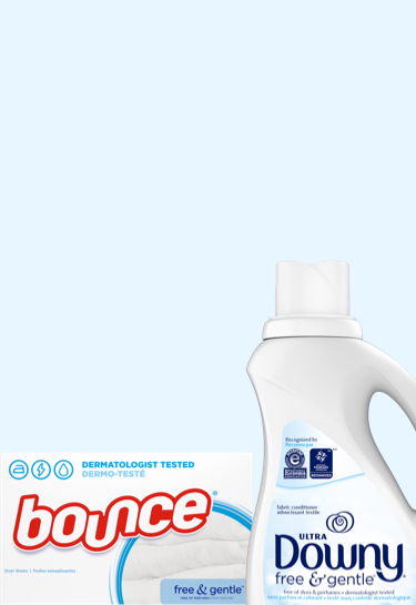 Tide Free & Gentle is better together with Bounce Dryer Sheets and Downy Fabric Softener.