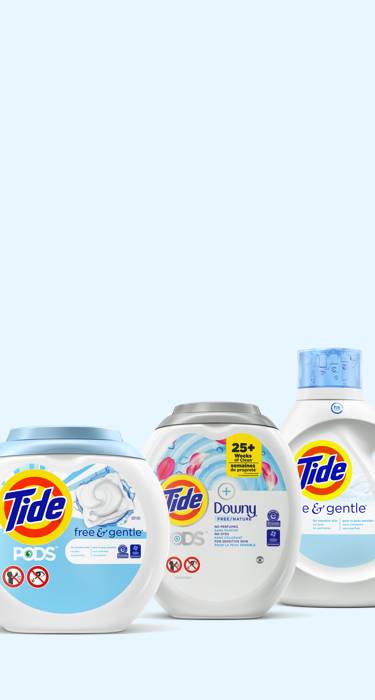 A range of Tide Free & Gentle products in front of a white background