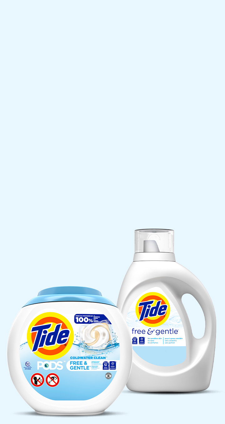 A range of Tide Free & Gentle products in front of a white background