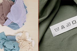 A pile of clothes on the left and a fabric care label on the right showing that you should always check the label before sorting your clothes