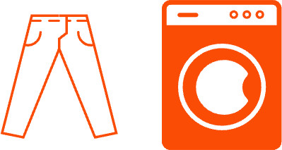 A pictogram of a pair of jeans and a washing machine