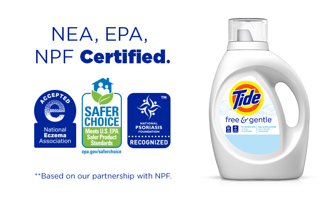 A bottle of Tide Free and Gentle Liquid Laundry Detergent with the stamps of NEA and NPF approval