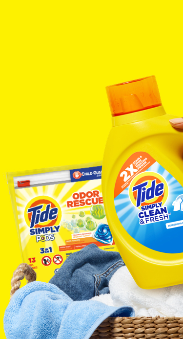 Tide Simply laundry detergent products are available as laundry pacs or liquid.