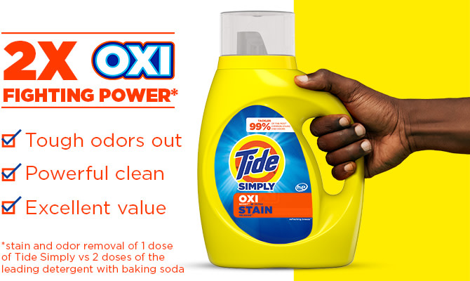 Tide Simply OXI Liquid Laundry Detergent with twice the Oxi fighting power* fights stains and odors and is available at a low price. *Stain removal of 1 dose vs. 2 doses of the leading detergent with baking soda and Oxi.