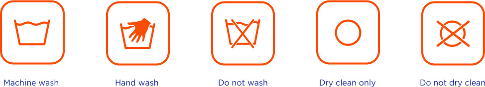 Washing cycle symbols: machine wash, hand wash, do not wash, dry clean only, do not dry clean
