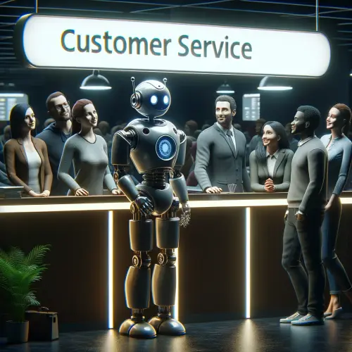 A friendly robot standing at a customer service desk, assisting a diverse group of customers with their inquiries.
