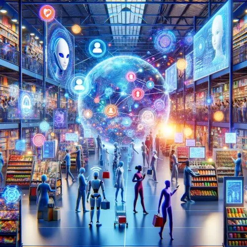 A bustling digital marketplace with AI chatbots in various forms, from screens to holograms, interacting with customers. 