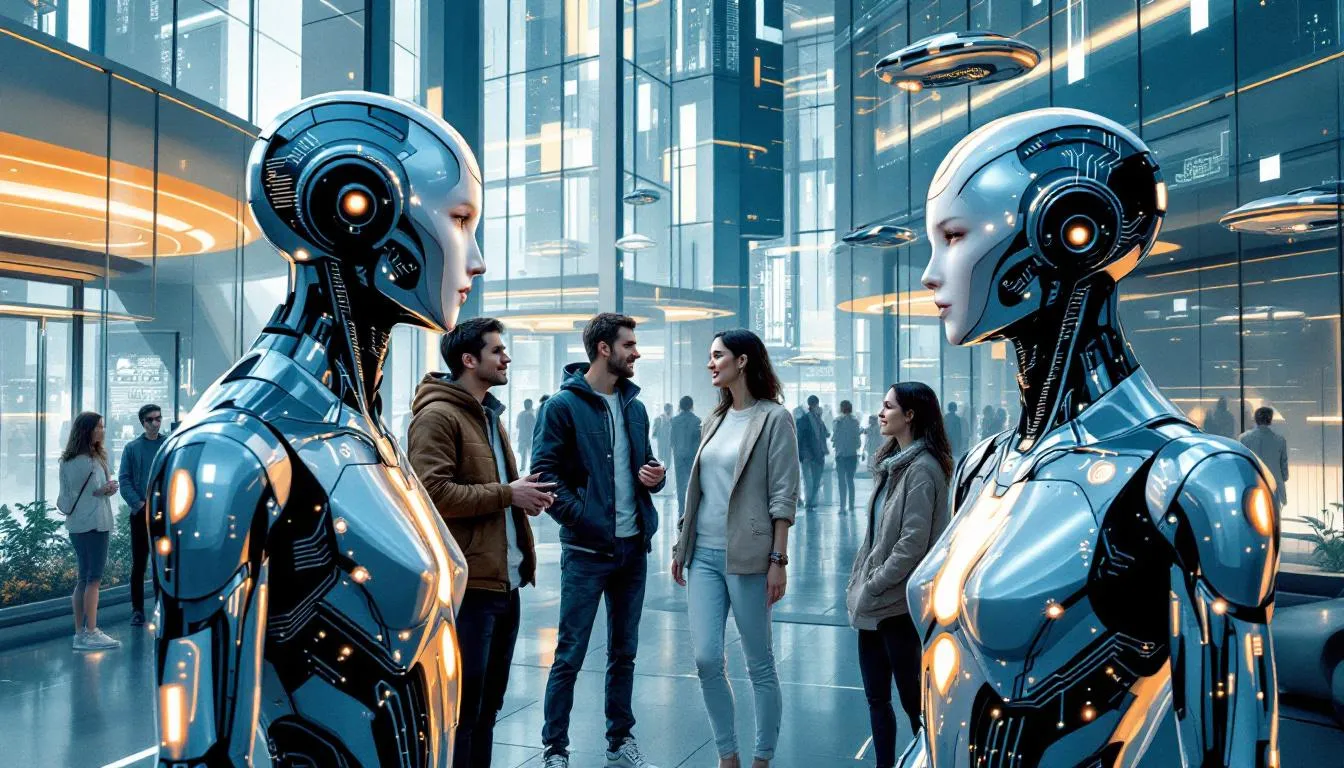 An illustration of human-like AI agents interacting with humans