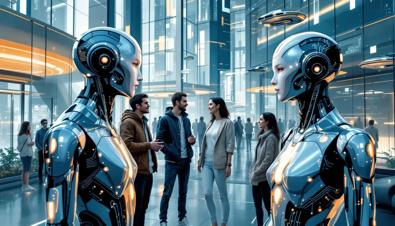 An illustration of human-like AI agents interacting with humans