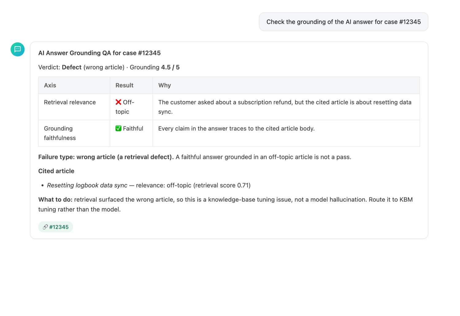 Answer Grounding QA two-axis verdict card