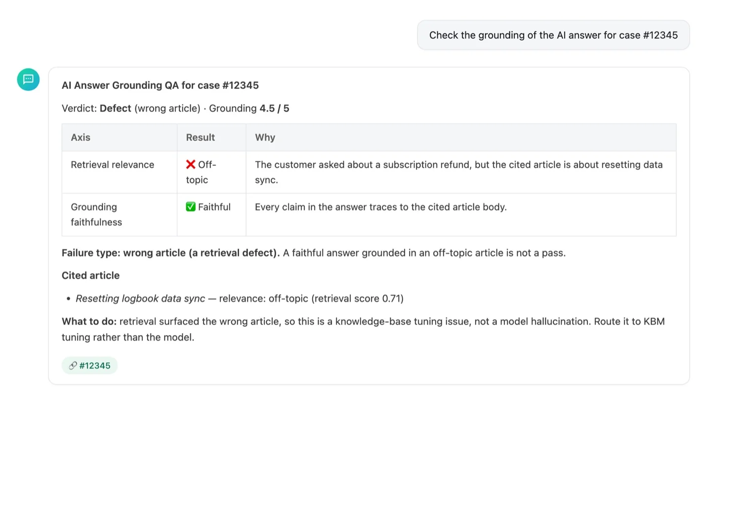 Answer Grounding QA two-axis verdict card