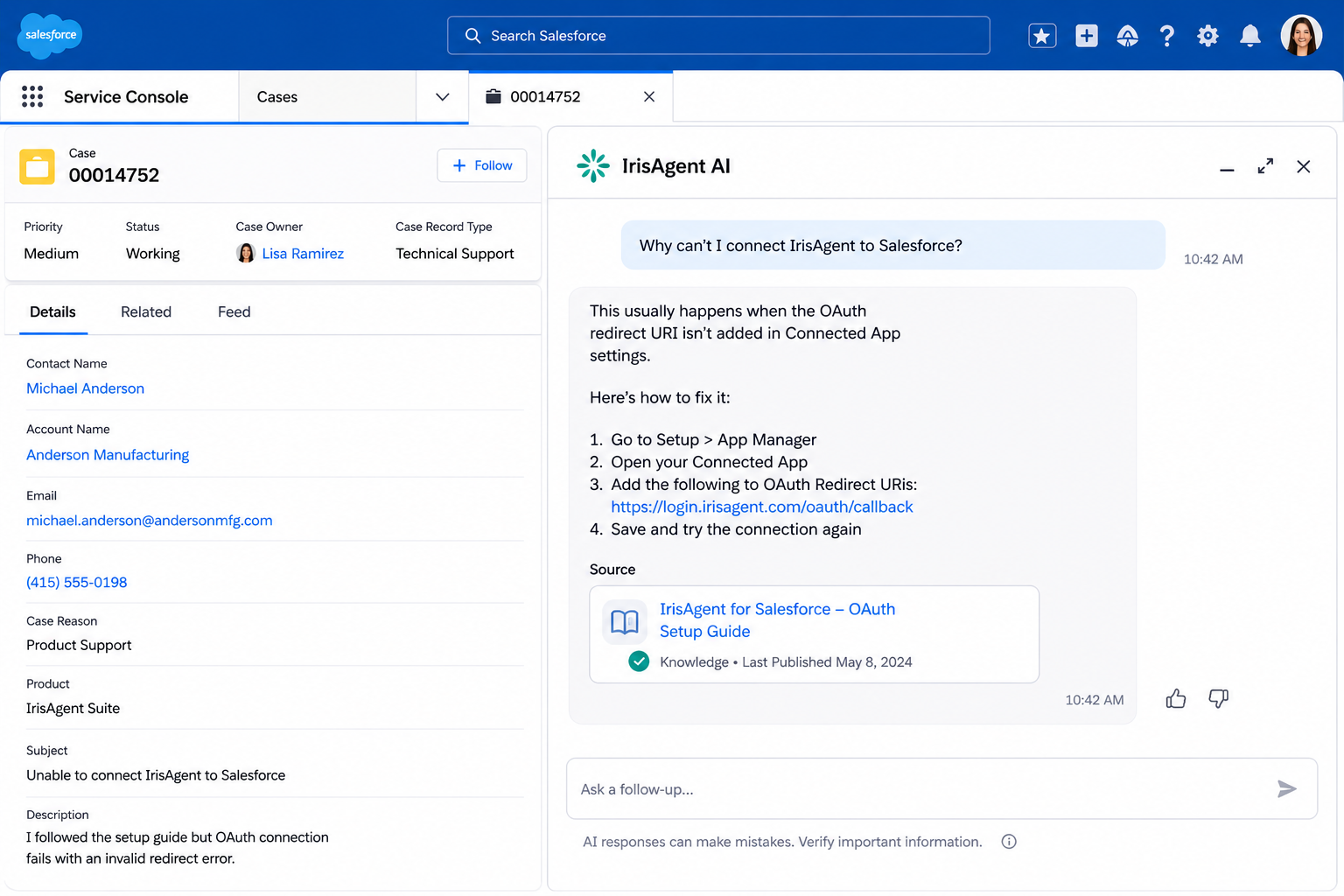 IrisAgent AI on Salesforce Service Cloud