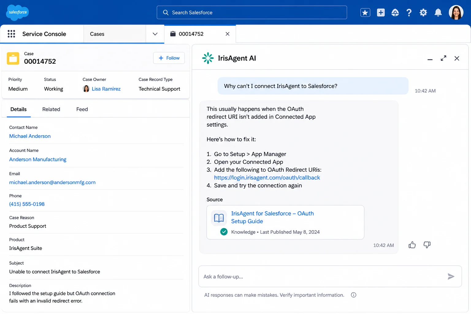IrisAgent AI on Salesforce Service Cloud