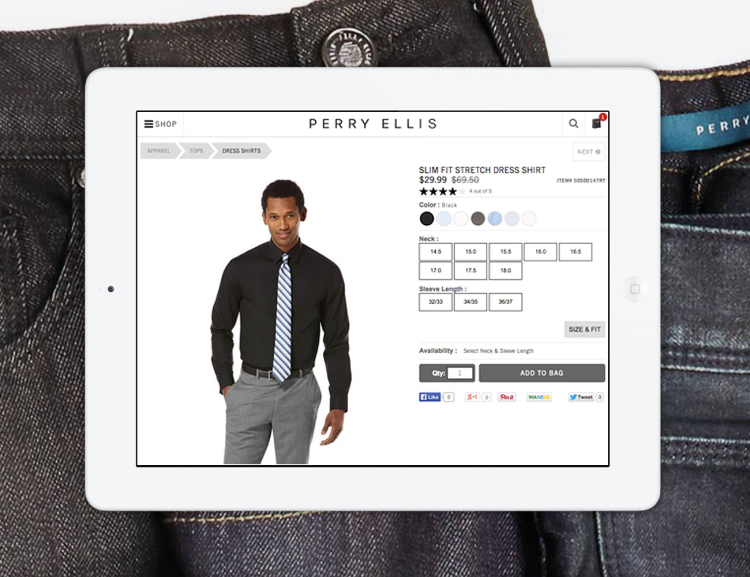 Perry Ellis website shown on tablet device with clothing in the background