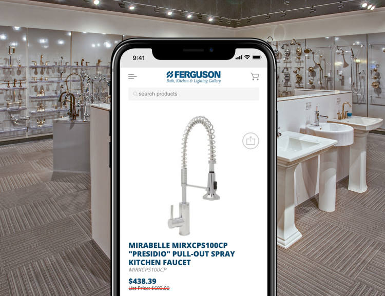Ferguson website shown on mobile device with the Ferguson showroom in the background