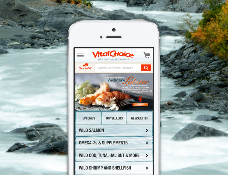 Vital Choice website shown on mobile device with river in the background